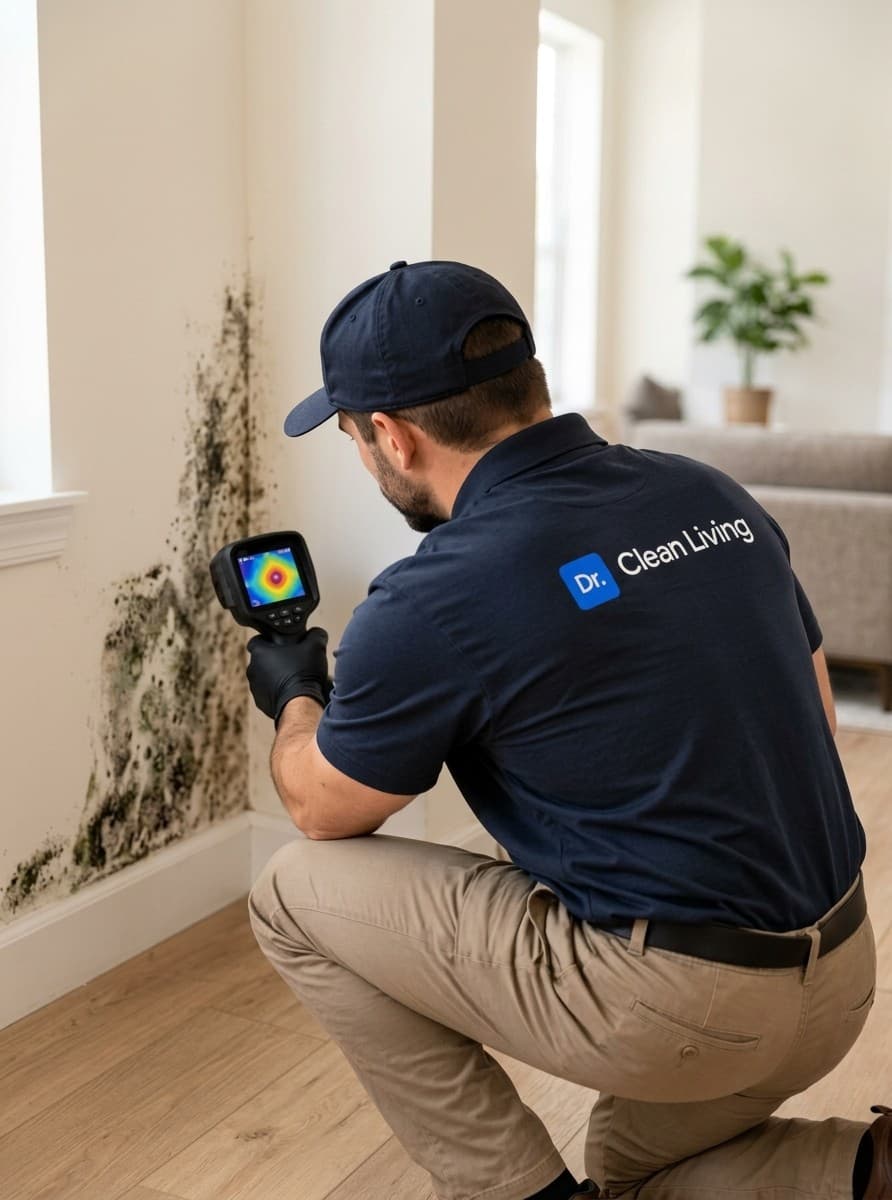 Dr Clean Living technician checking a mold-affected wall with a thermal imaging camera